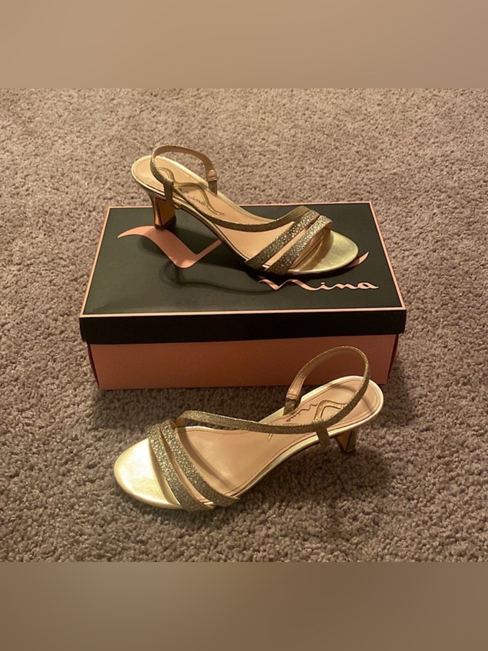 Nina Gold Glittery Kitten Heels With Rhinestones - 1.5 Inch - Women’s Size 6